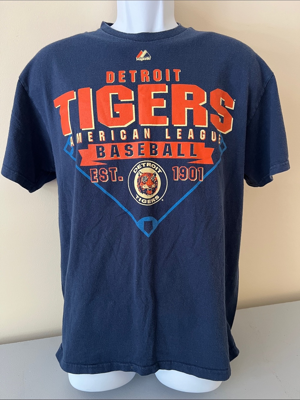 Majestic Navy Blue Detroit Michigan Tigers Graphic Tee with Orange Lettering